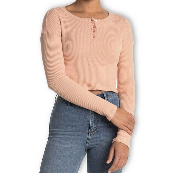 LUSH Cropped Henley Top Orange Size Small New - Picture 1 of 7